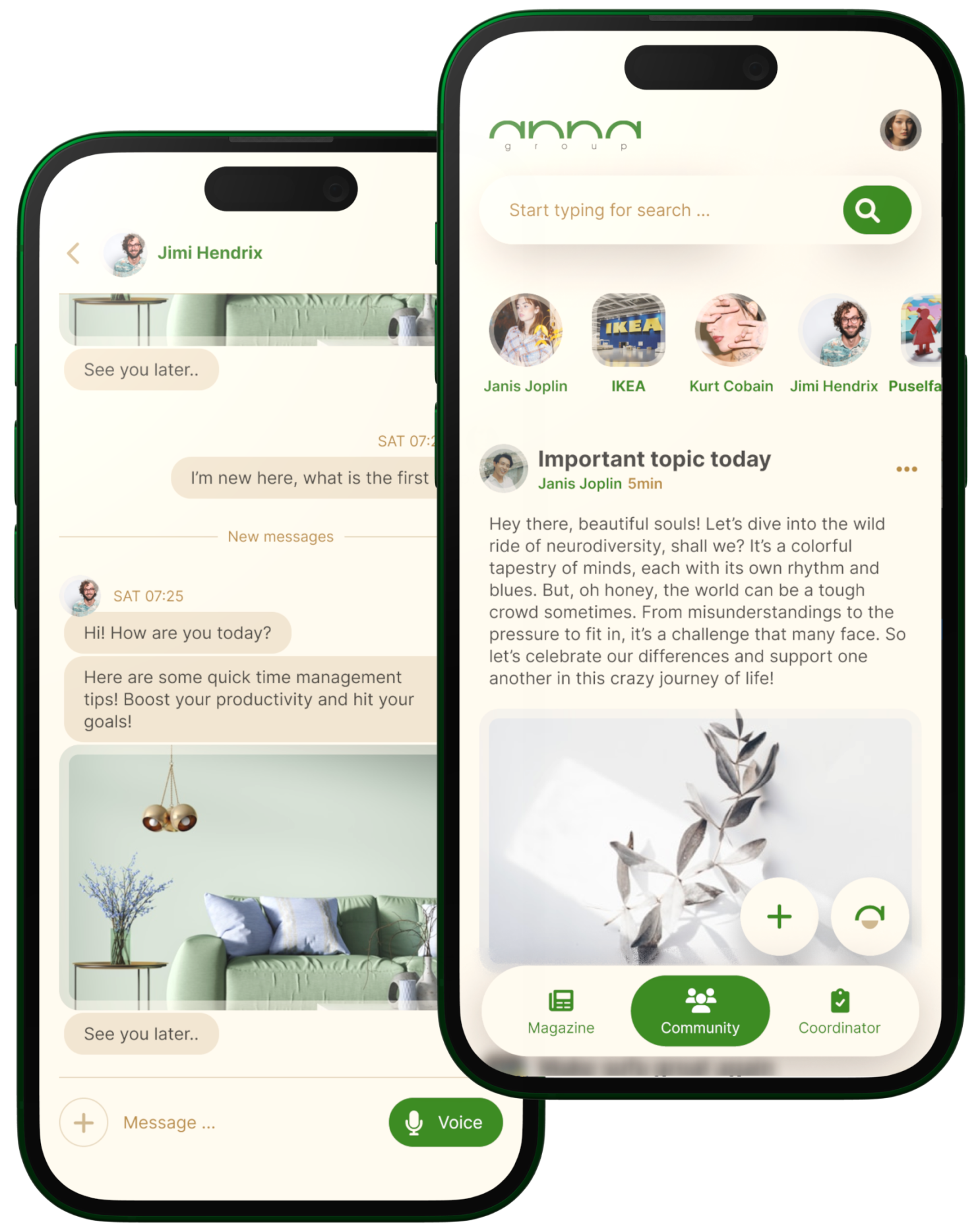 Anna app community and magazine screens